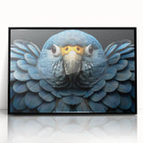 Framed wall art featuring a vibrant design of colorful parrots on a black background, ideal for enhancing modern home decor with a tropical touch.