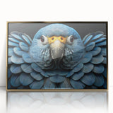 Framed wall art featuring a vibrant collection of parrots in various colors, set against a gold acrylic backdrop, perfect for enhancing home decor with a tropical theme.