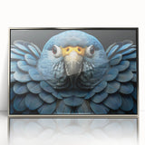 Framed wall art featuring a vibrant design of colorful parrots against a silver background, showcasing intricate details and textures, ideal for bird lovers and home decor enthusiasts.