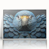 Framed wall art featuring a vibrant design of colorful parrots perched on branches, showcasing intricate details and a modern white frame, perfect for home decor.