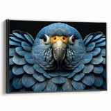 Framed wall art canvas showcasing a vibrant parrot design in shades of green, blue, and yellow, perfect for home decor and tropical-themed interiors.