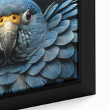 Close-up of a vibrant framed canvas wall art featuring colorful parrots amidst tropical foliage, showcasing intricate details and vivid hues, perfect for nature-themed decor.