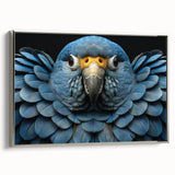 Framed canvas wall art showcasing a vibrant collection of colorful parrots perched on branches, set against a silver backdrop, ideal for enhancing modern interior decor.