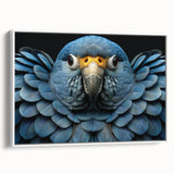 Framed canvas wall art showcasing a vibrant parrot design with rich colors, set on a white background, perfect for adding a tropical touch to home decor.