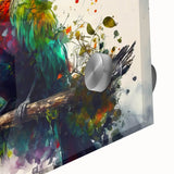 Vibrant close-up of a colorful parrot design on acrylic glass wall art, showcasing intricate details and vivid hues, perfect for enhancing home decor.