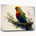 Vibrant acrylic wall art collection showcasing colorful parrots in a side view, elegantly displayed with pins on a clear glass background, ideal for bird lovers.
