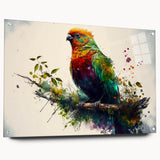 Vibrant acrylic wall art collection showcasing colorful parrots in a side view, elegantly displayed with pins on a clear glass background, ideal for bird lovers.