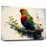 Vibrant acrylic wall art featuring colorful parrots in a lush tropical setting, displayed in a sleek glass frame, perfect for enhancing modern home decor.