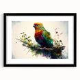 Colorful wall art featuring a vibrant design of various parrots in a sleek black frame with matting, perfect for enhancing home decor and bird enthusiasts' spaces.