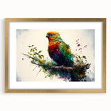 Framed wall art featuring a vibrant design of colorful parrots, accented with a gold frame and white matting, perfect for enhancing home decor.