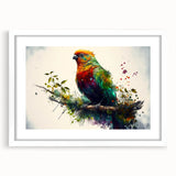 Framed wall art featuring a vibrant design of colorful parrots on a white mat, showcasing intricate details and vivid colors, perfect for enhancing home decor.
