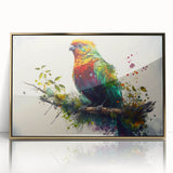 Framed wall art featuring a vibrant design of colorful parrots in a lush tropical setting, showcasing intricate details and a sleek gold frame, perfect for home decor.