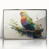 Framed wall art featuring a vibrant design of colorful parrots in a silver frame, showcasing a modern aesthetic perfect for bird lovers and home decor enthusiasts.