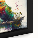 Close-up of a vibrant framed canvas artwork depicting colorful parrots in a lush tropical setting, perfect for adding a lively touch to home decor.
