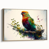 Framed wall art featuring a vibrant parrot design on canvas, with gold accents and a sleek side view, perfect for adding color to any living space.