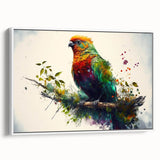 Framed canvas wall art featuring a vibrant parrot design in a modern style, set against a white background, ideal for adding color to contemporary home decor.