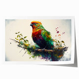 Vibrant wall art print showcasing a colorful collection of exotic parrots perched among lush tropical foliage, designed to bring a lively touch to any space.