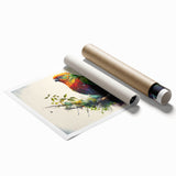 Vibrant rolled print showcasing a colorful parrot design, perfect for home decor, highlighting detailed feathers and tropical elements, packaged securely for easy display.