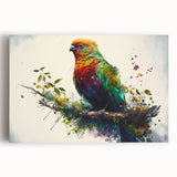Vibrant wall art featuring a collection of colorful parrots on stretched canvas, showcasing intricate details and lively hues, perfect for enhancing any decor.