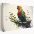 Brightly colored stretched canvas wall art featuring an intricate design of tropical parrots perched on branches, ideal for enhancing home decor with vibrant nature themes.