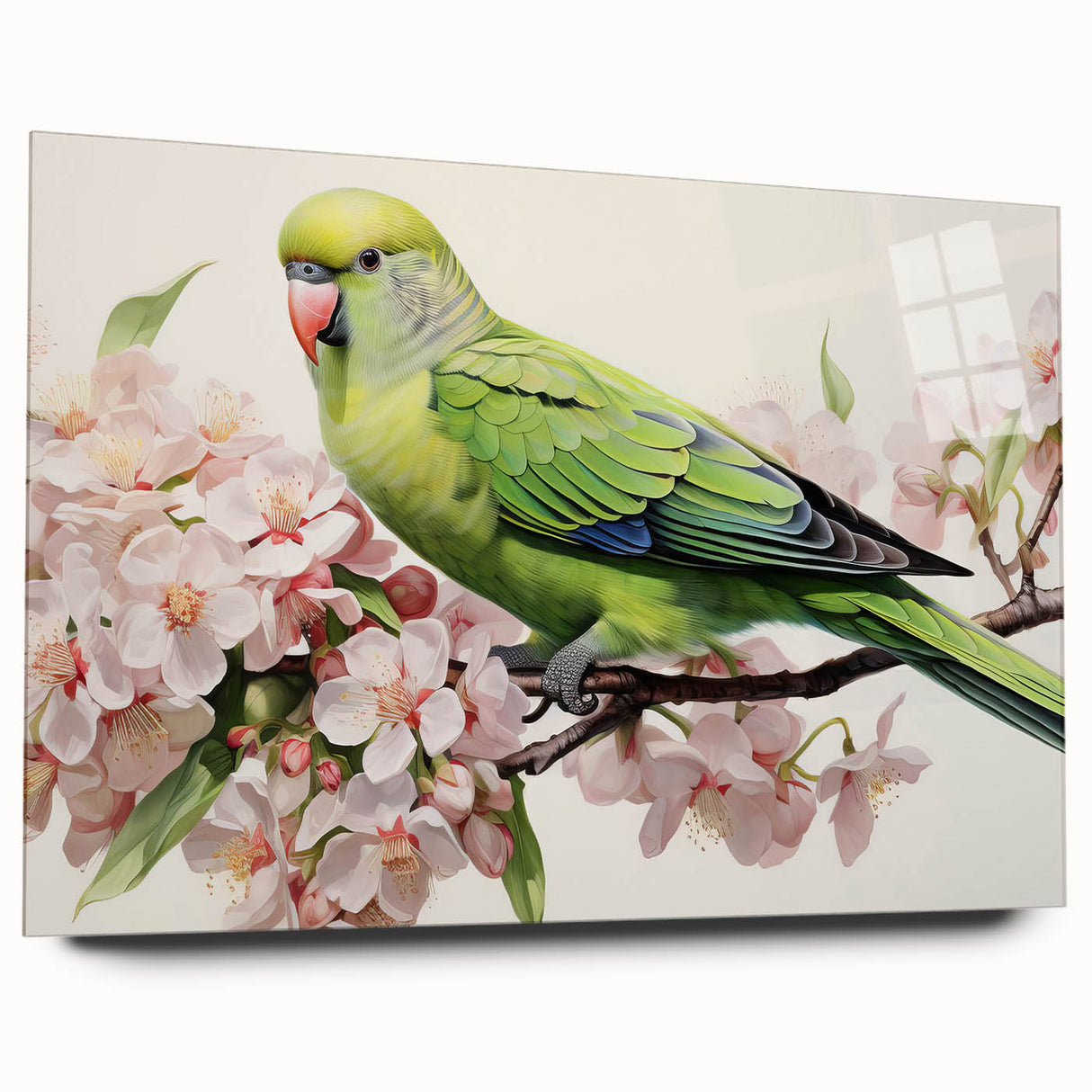 Colorful wall art featuring a side view of a collection of acrylic glass designs showcasing vibrant parrots and birds. Ideal for adding a tropical touch to home decor.
