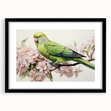 Framed wall art collection featuring vibrant parrot designs on a black background, accentuated by a mat for a polished look, ideal for nature lovers' decor.
