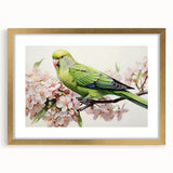 Framed wall art featuring vibrant parrot designs in gold accents, showcasing colorful tropical birds against a soft backdrop, perfect for enhancing any modern decor.