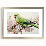 Framed wall art collection showcasing colorful parrot designs, with a sleek silver frame and mat, ideal for enhancing home decor and bird-themed interiors.