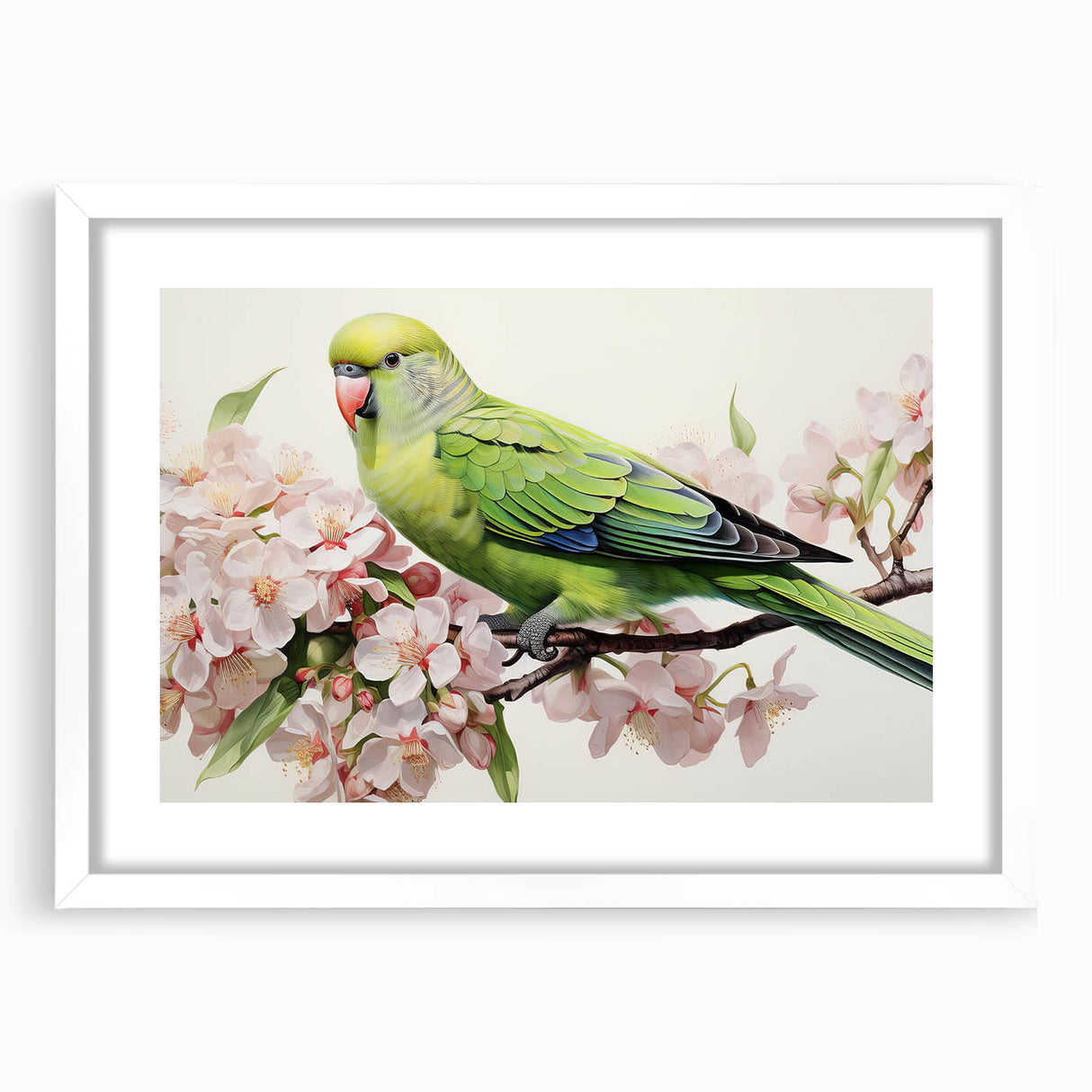 Colorful wall art collection featuring a variety of parrot designs in a white frame with a mat, perfect for adding a vibrant touch to home decor.