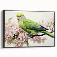 Framed wall art featuring a vibrant collection of colorful parrots and birds in a contemporary design, set against a black background, showcasing artistic detail and elegance.