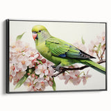 Framed wall art featuring a vibrant collection of colorful parrots and birds in a contemporary design, set against a black background, showcasing artistic detail and elegance.