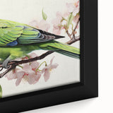 Vibrant close-up of a framed canvas wall art collection showcasing colorful parrots perched on branches, highlighting intricate details and rich textures, perfect for bird lovers.