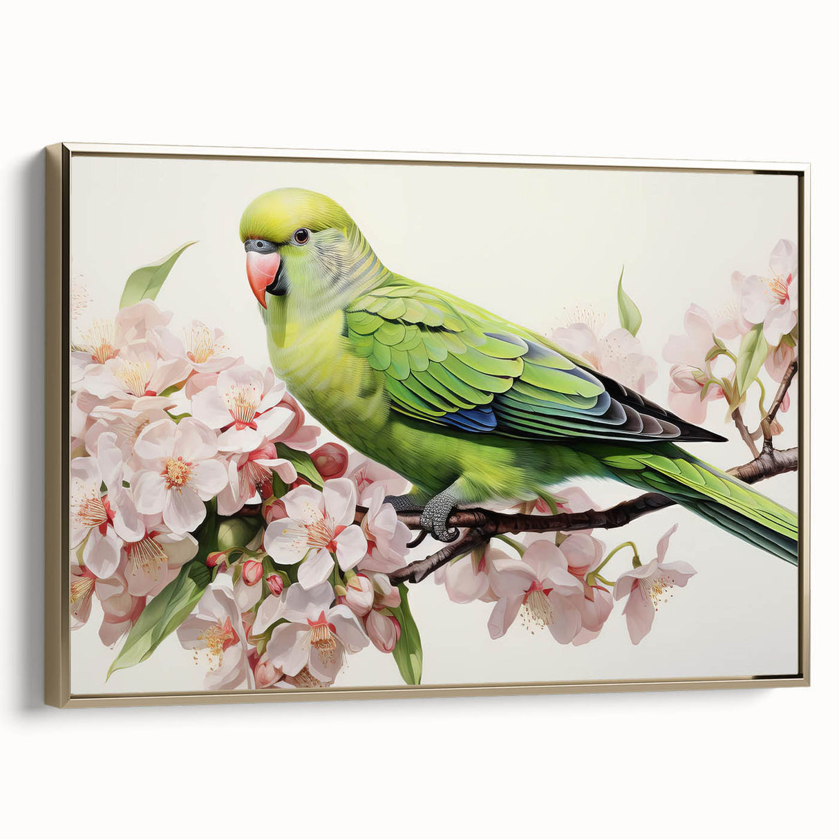 Framed canvas wall art showcasing a vibrant collection of colorful parrots, set against a gold background, ideal for adding a tropical touch to home decor.