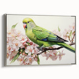 Framed wall art showcasing a vibrant parrot design on a silver canvas, highlighting colorful birds in a modern setting, ideal for home decor enthusiasts.