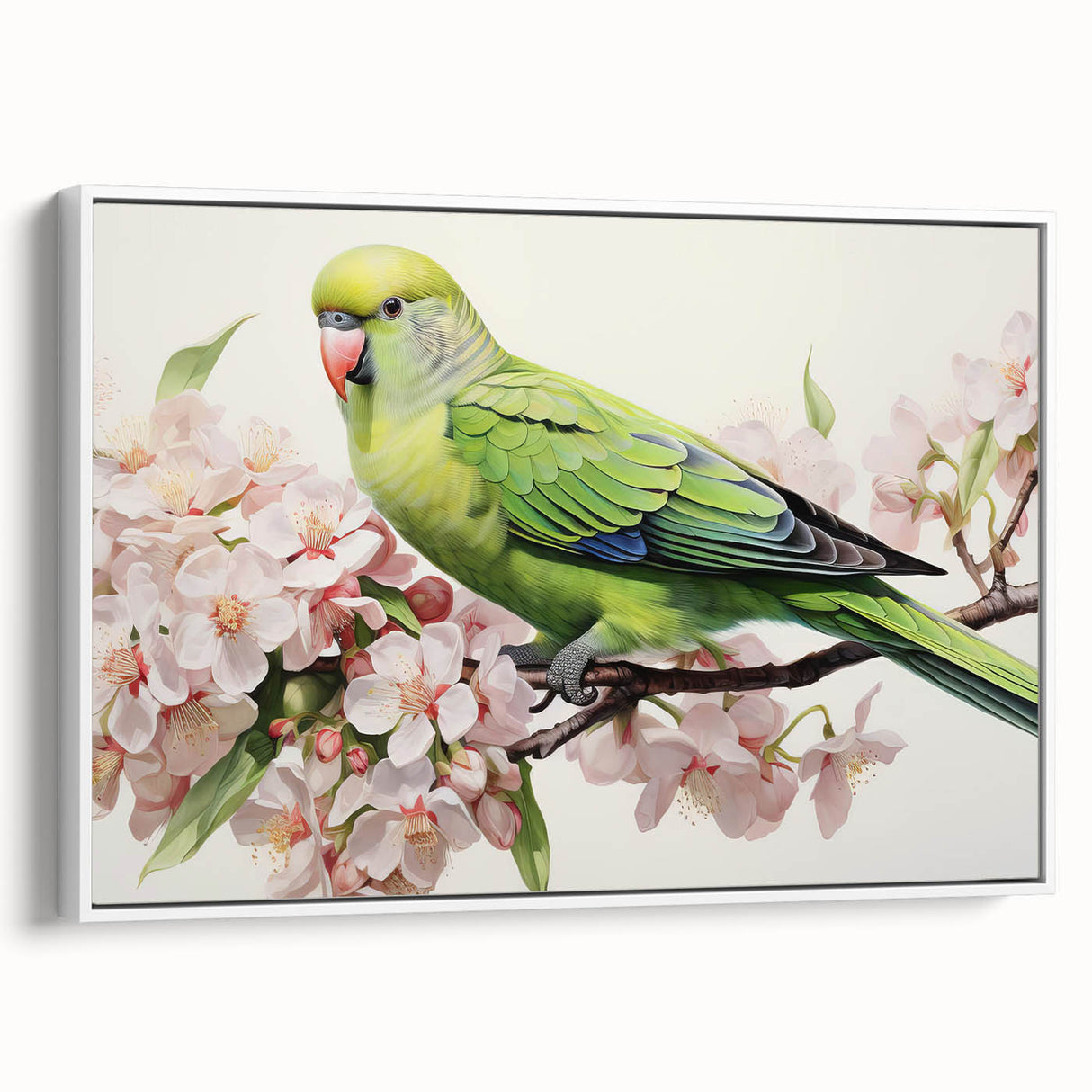 Framed canvas wall art showcasing a vibrant design of colorful parrots perched on branches, set against a white background, ideal for tropical-themed decor.