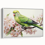 Framed canvas wall art showcasing a vibrant design of colorful parrots perched on branches, set against a white background, ideal for tropical-themed decor.