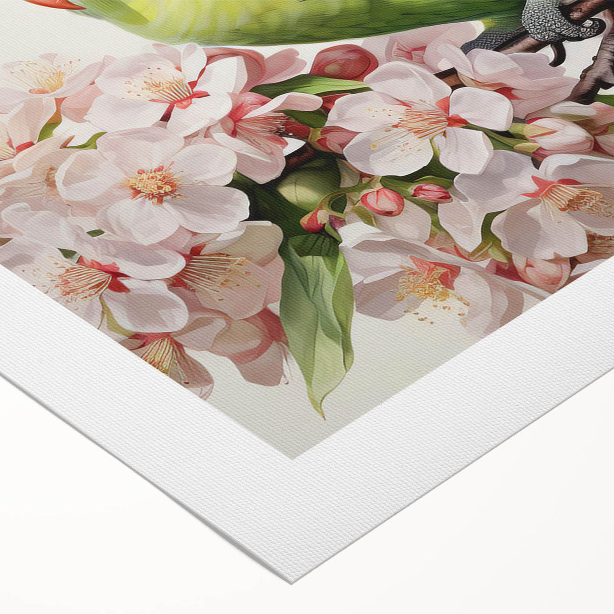 Vibrant rolled canvas showcasing a colorful design of tropical parrots perched among lush foliage, ideal for enhancing home decor with a lively, exotic touch.