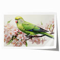 Colorful wall art print featuring a vibrant design of various parrots perched among lush green leaves, ideal for tropical-themed decor and nature enthusiasts. The artwork showcases intricate details and bright hues, making it a striking addition to any living space.