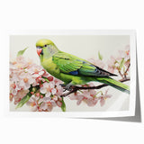 Colorful wall art print featuring a vibrant design of various parrots perched among lush green leaves, ideal for tropical-themed decor and nature enthusiasts. The artwork showcases intricate details and bright hues, making it a striking addition to any living space.