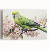 Vibrant stretched canvas artwork featuring a colorful collection of tropical parrots on a natural wood background, perfect for enhancing home decor.