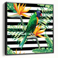 Framed wall art featuring a vibrant parrot design on canvas, showcasing colorful birds in a tropical setting, with a sleek black frame enhancing its appeal.