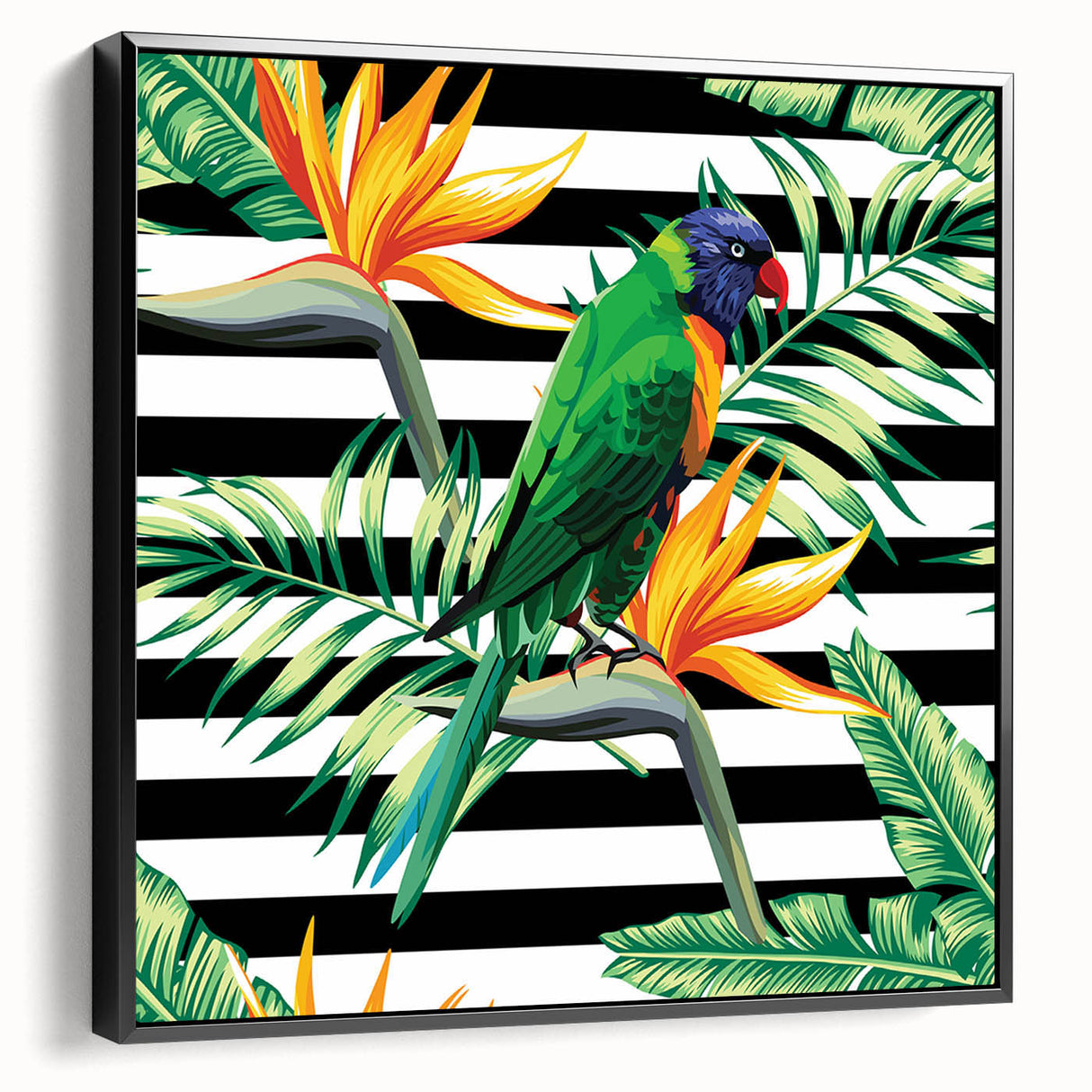 Framed wall art featuring a vibrant parrot design on canvas, showcasing colorful birds in a tropical setting, with a sleek black frame enhancing its appeal.
