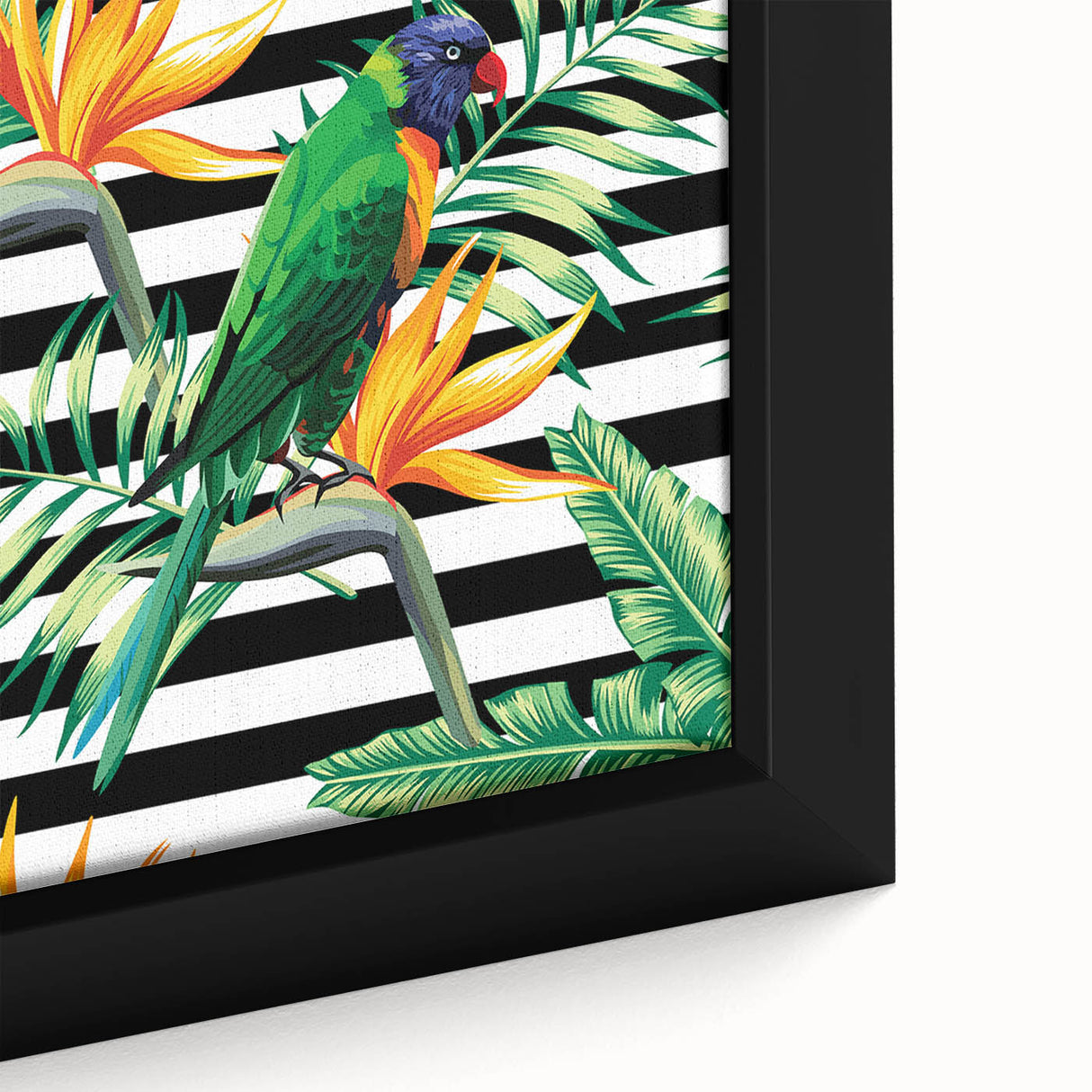 Vibrant close-up of a framed canvas wall art featuring colorful parrots in a tropical setting, ideal for bird lovers and home décor enthusiasts.