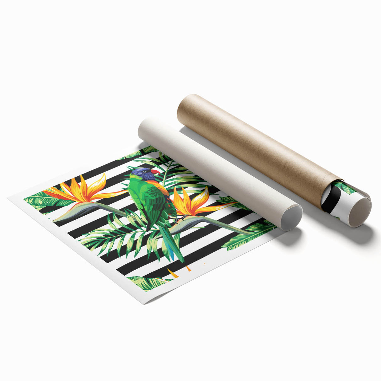 Colorful print of parrots in a vibrant tropical design, showcasing intricate details and vivid hues, perfect for adding a lively touch to any decor.
