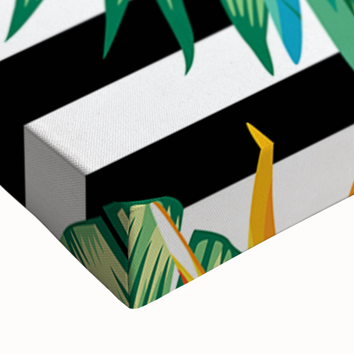 Colorful close-up of a stretched canvas wall art piece showcasing vibrant parrots perched among lush foliage, ideal for tropical-themed home decor. Perfect addition to brighten up any living space.
