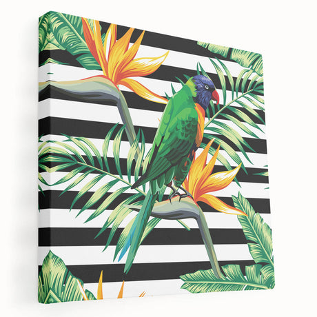 Vibrant wall art featuring a colorful parrot design on stretched canvas, showcasing intricate details and rich hues, ideal for tropical-themed decor.