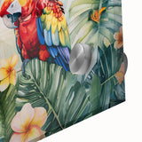 Close-up view of vibrant acrylic wall art depicting colorful parrots perched among lush tropical foliage. Ideal for enhancing living spaces with a lively nature theme.