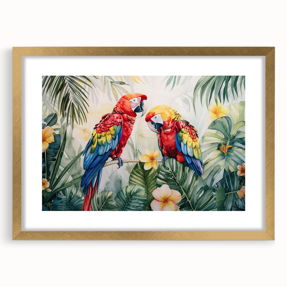 Framed wall art collection showcasing vibrant parrot illustrations in a gold frame with a mat, perfect for adding a colorful touch to home decor.