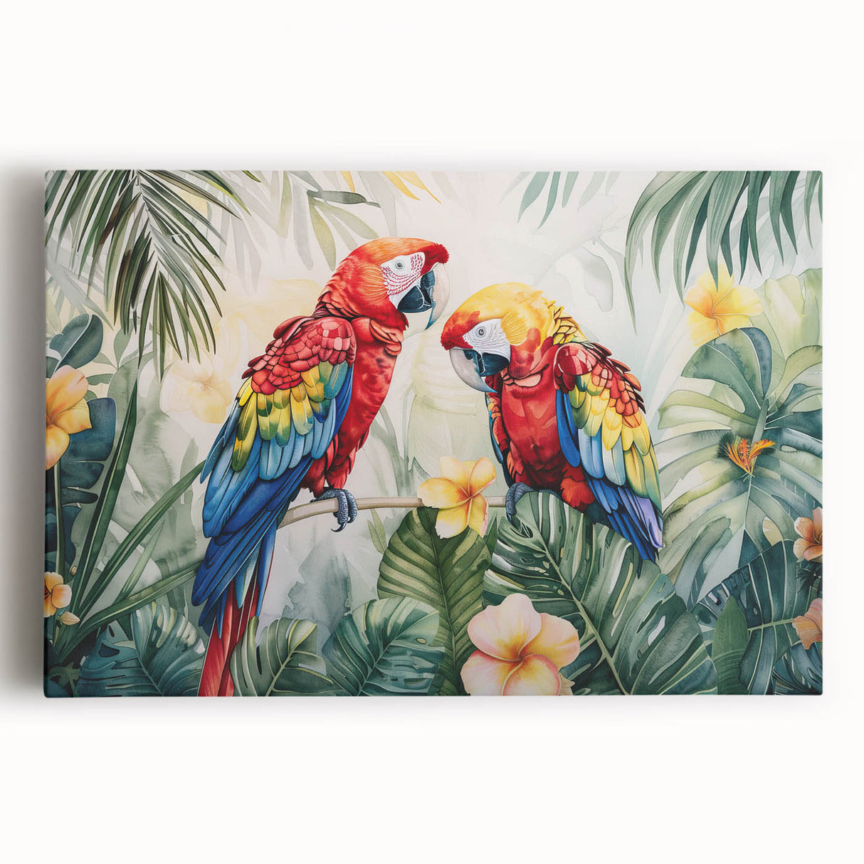 Colorful parrot-themed wall art on stretched canvas, showcasing vibrant birds in a tropical setting, perfect for home decor and nature enthusiasts.