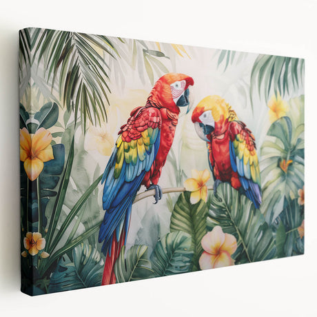 Colorful stretched canvas wall art depicting a vibrant parrot design, showcasing intricate details and rich hues, perfect for adding a tropical touch to any space.